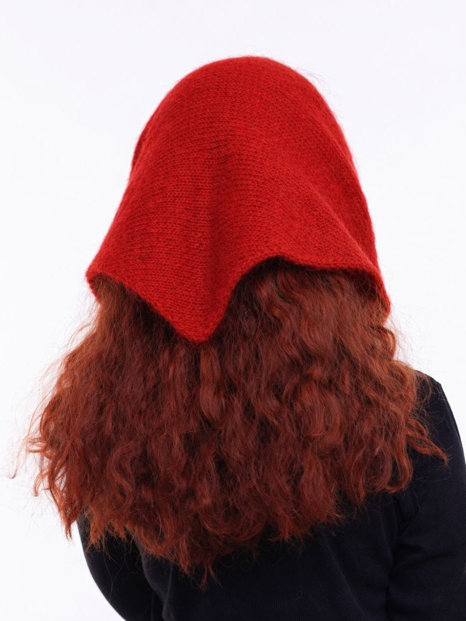 Hand-Knitted Head Scarf - Mohair Carmine