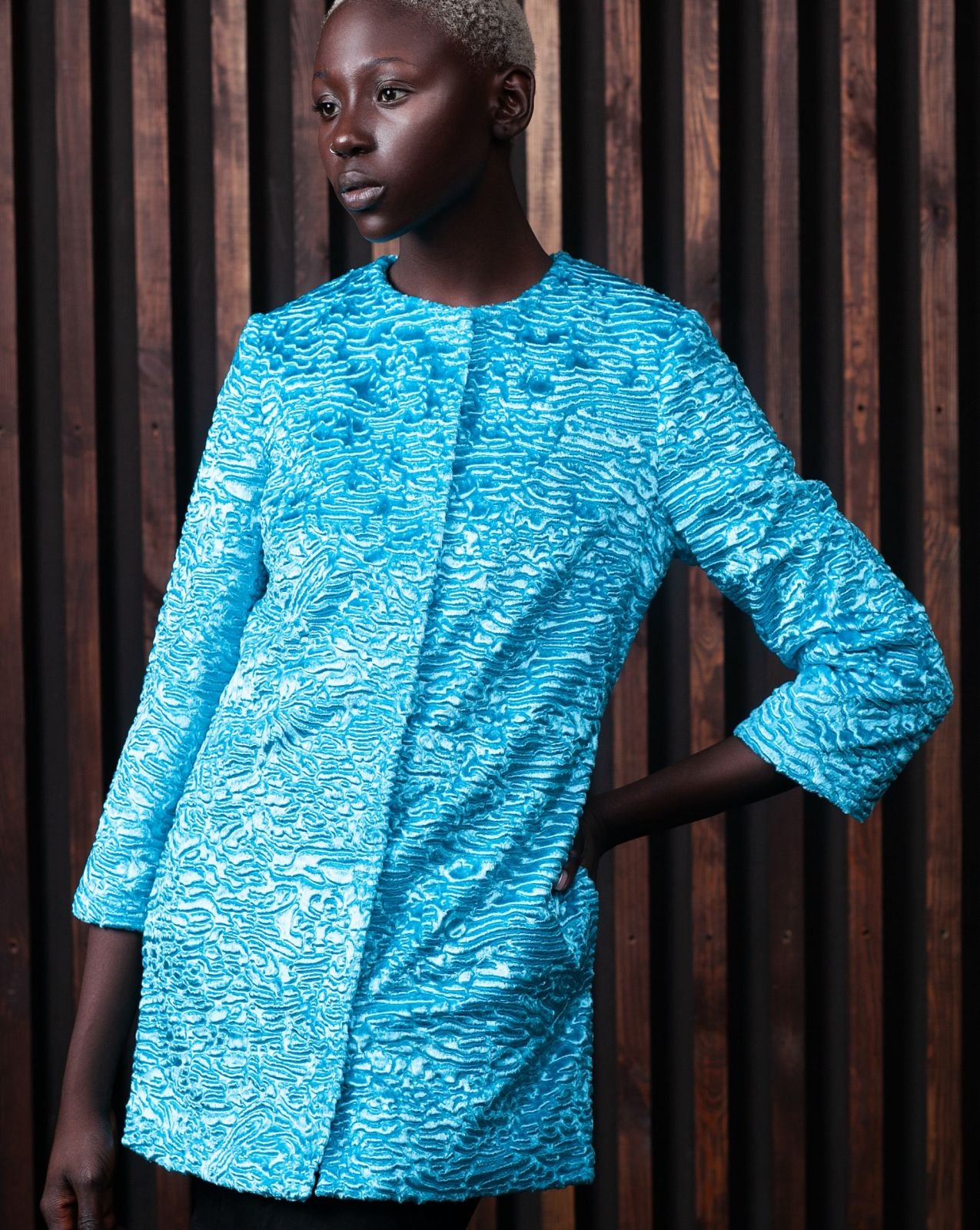 Faux fur women's jacket - Astrakhan Aquamarine