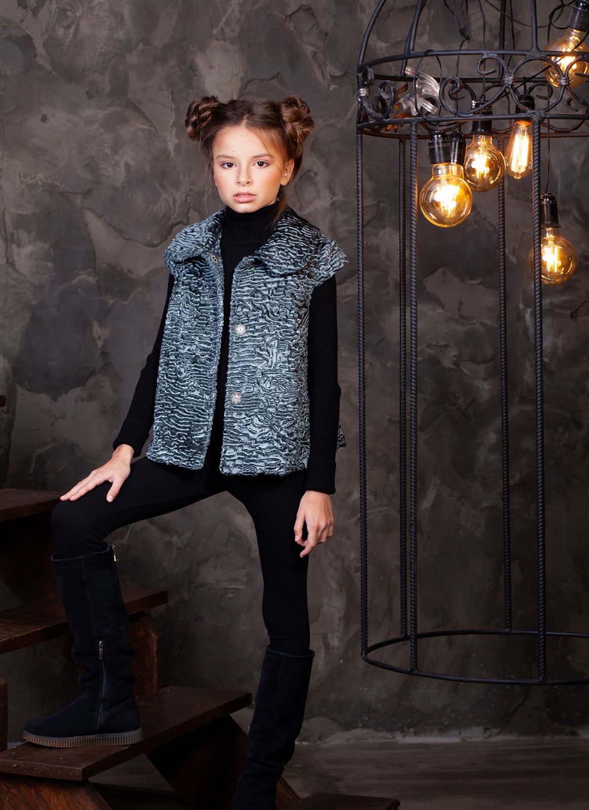 Faux fur kid's vest - Astrakhan Marengo