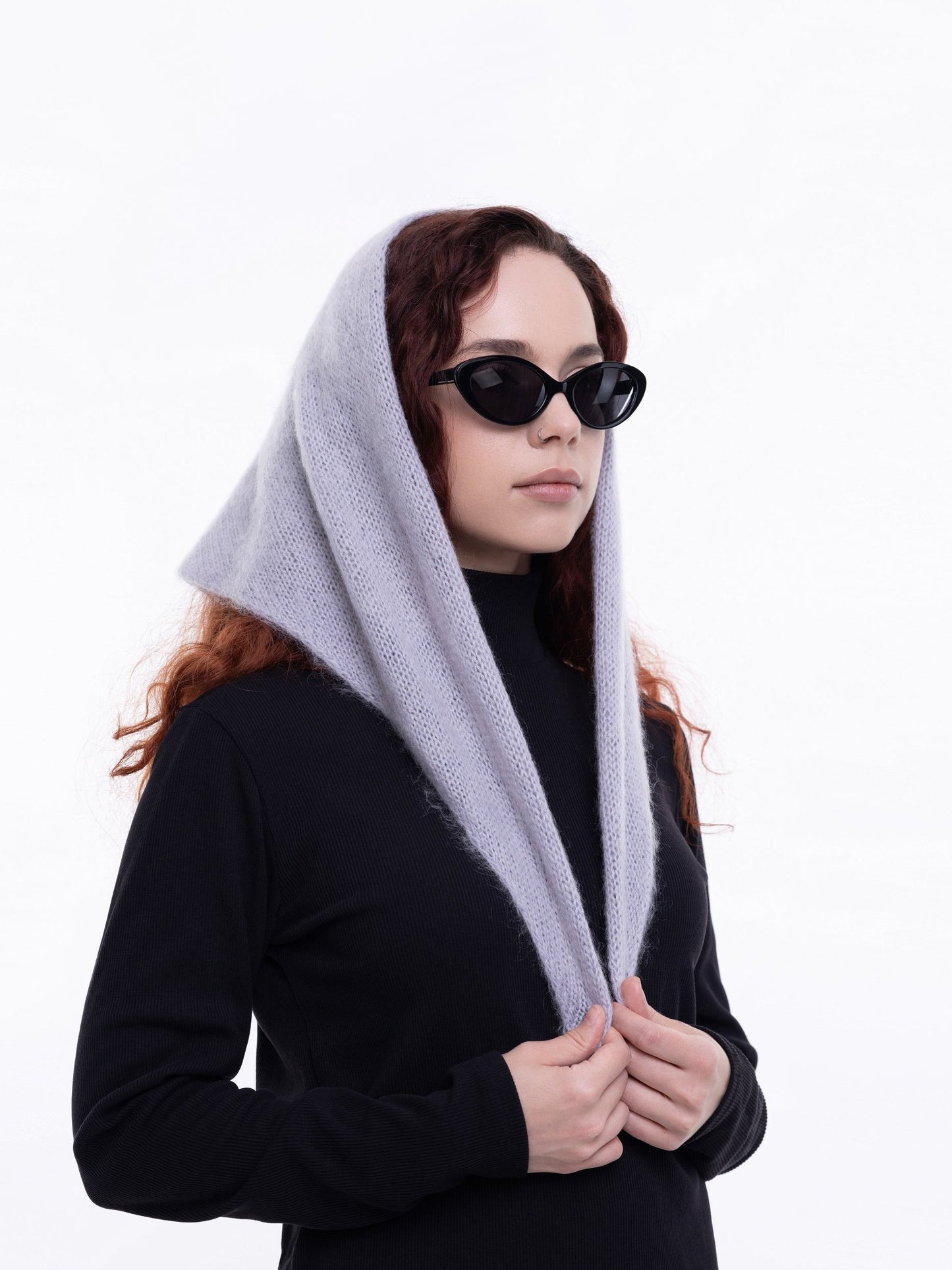 Hand-Knitted Head Scarf - Mohair Silver Grey