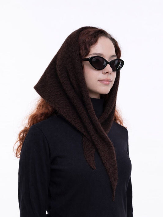 Hand-Knitted Head Scarf - Mohair Chestnut Brown