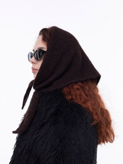 Hand-Knitted Head Scarf - Mohair Chestnut Brown