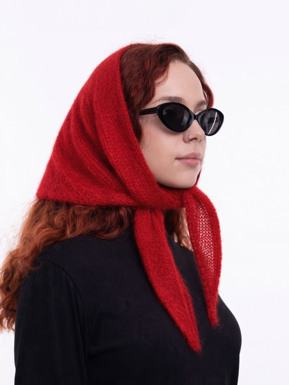 Hand-Knitted Head Scarf - Mohair Carmine