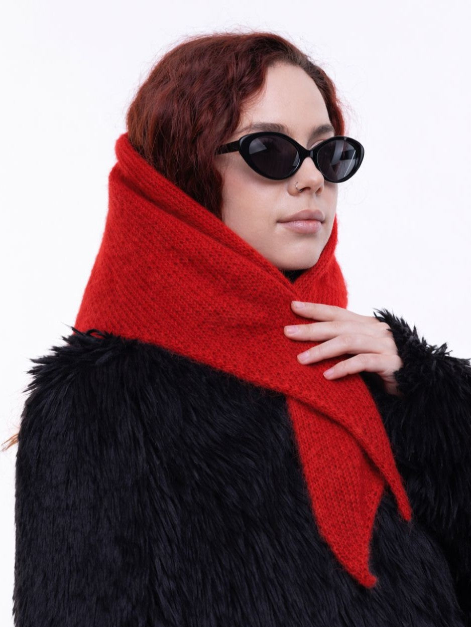 Hand-Knitted Head Scarf - Mohair Carmine