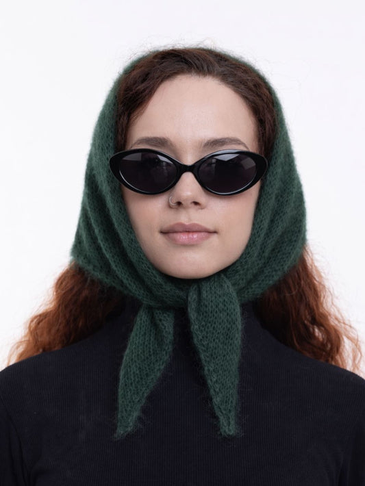 Hand-Knitted Head Scarf - Mohair Moss Green