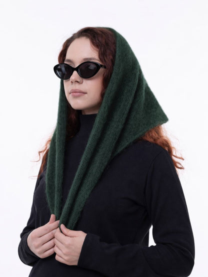 Hand-Knitted Head Scarf - Mohair Moss Green