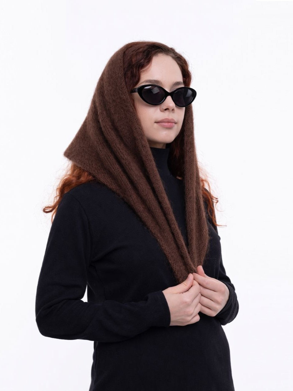 Hand-Knitted Head Scarf - Mohair Macadamia