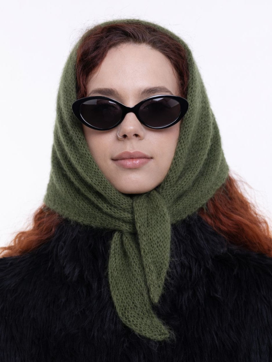 Hand-Knitted Head Scarf - Mohair Pine
