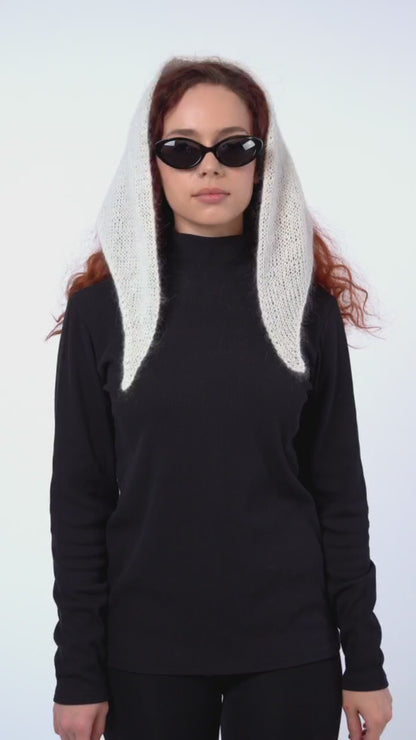 Hand-Knitted Head Scarf - Mohair Wool White