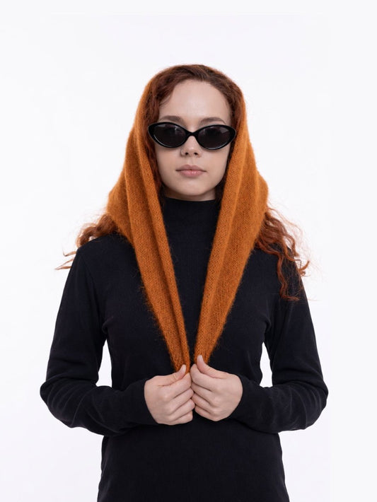 Hand-Knitted Head Scarf - Mohair Rust