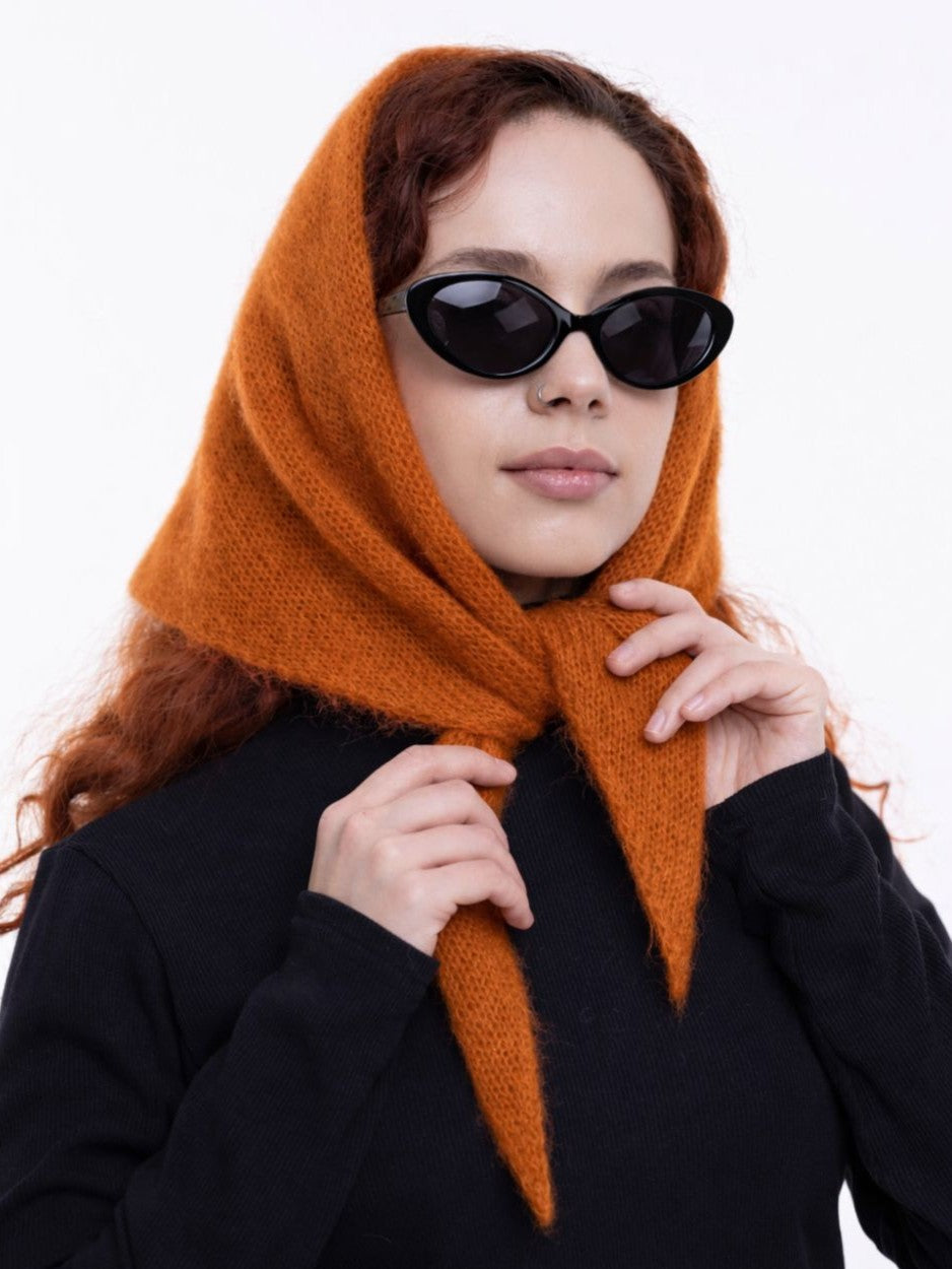 Hand-Knitted Head Scarf - Mohair Rust
