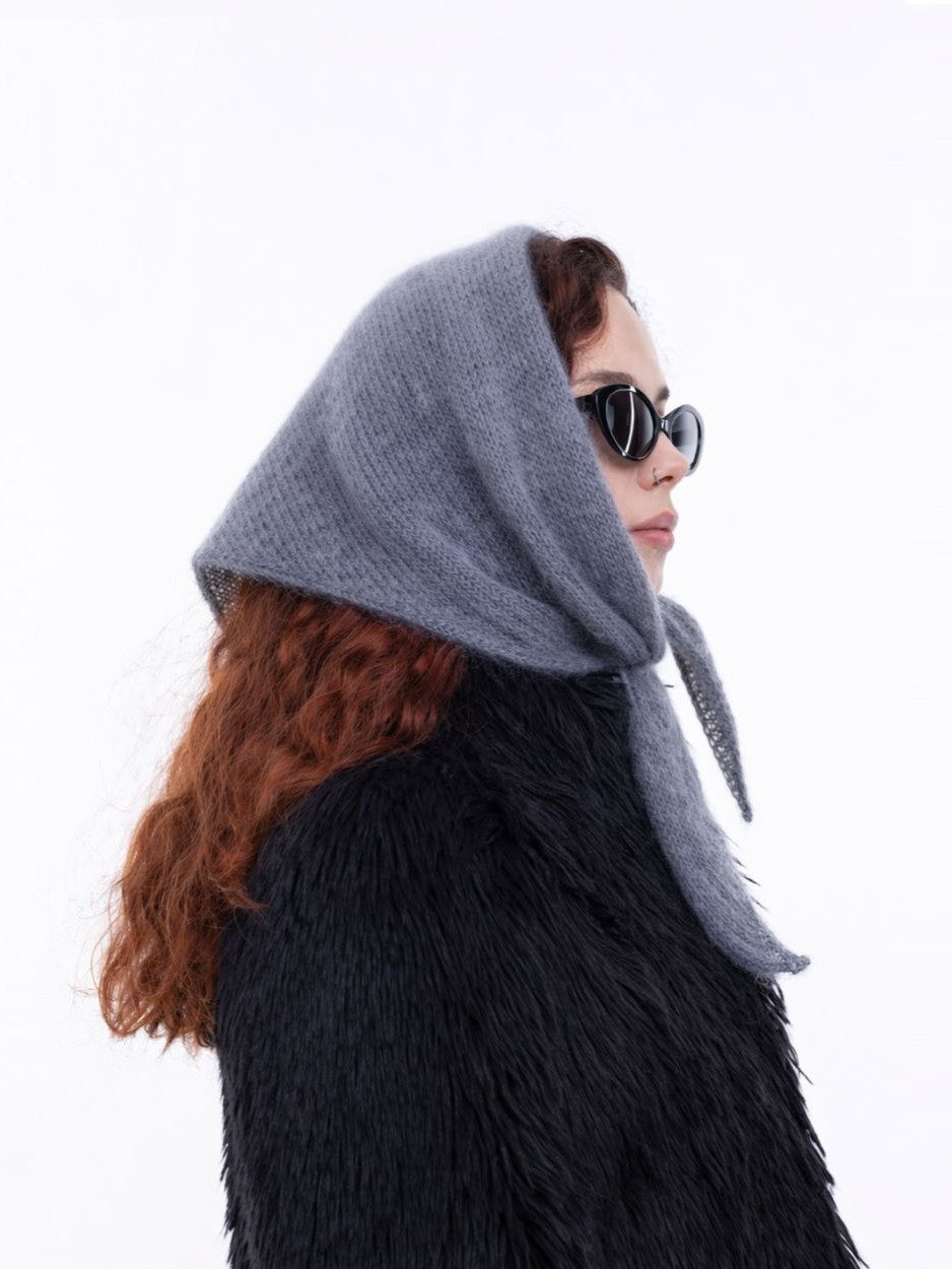 Hand-Knitted Head Scarf - Mohair Slate Grey
