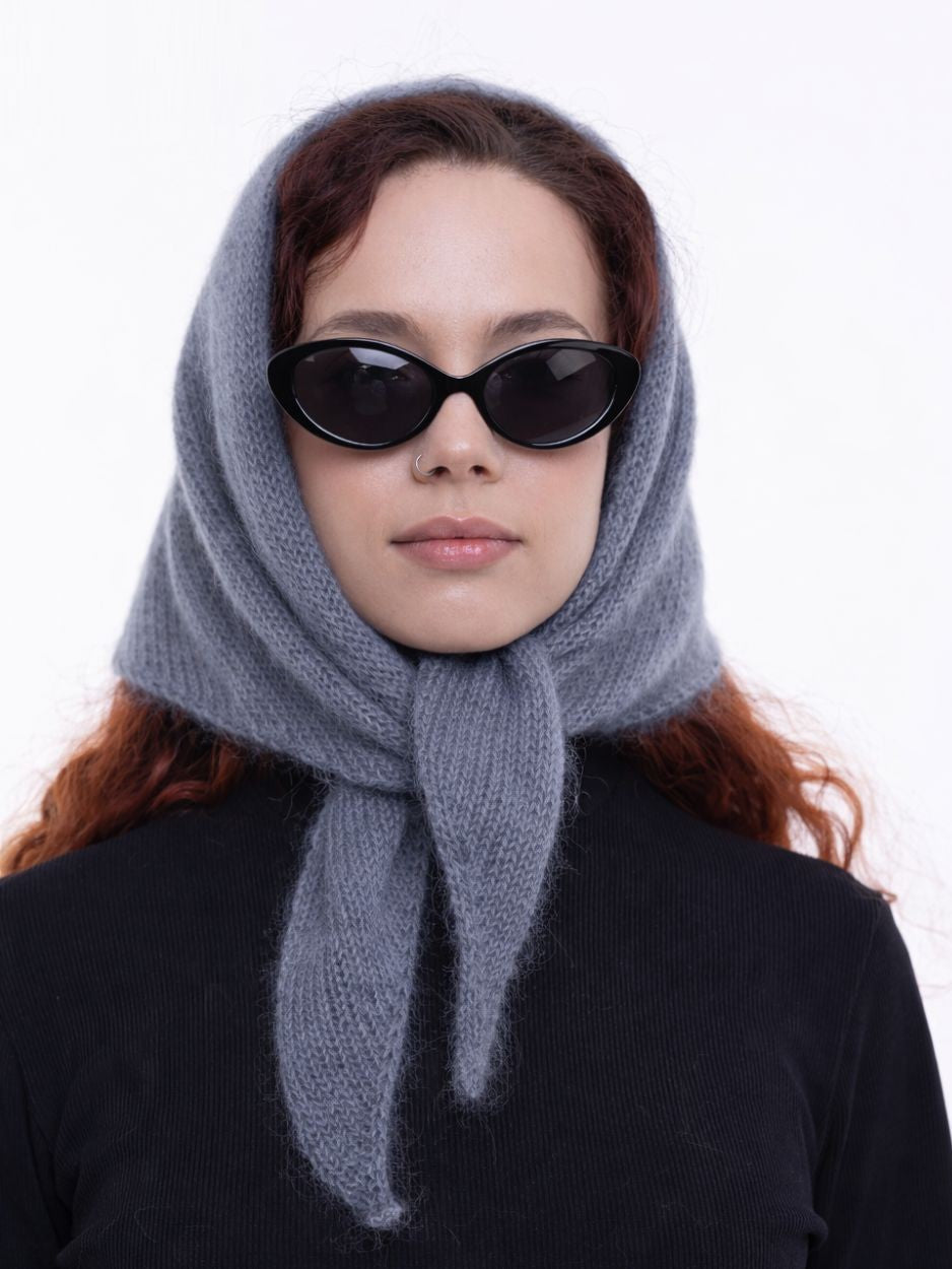 Hand-Knitted Head Scarf - Mohair Slate Grey