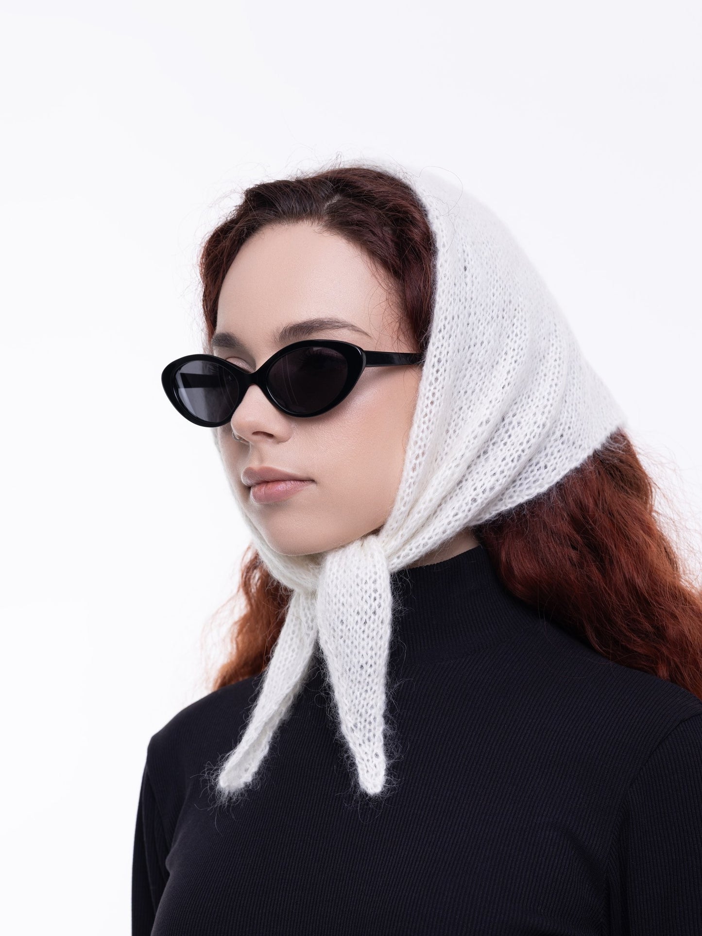 Hand-Knitted Head Scarf - Mohair Wool White