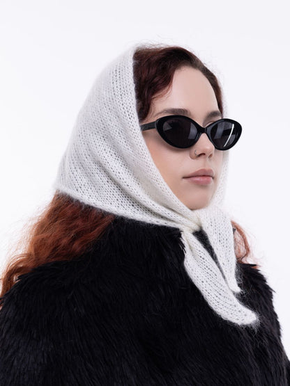 Hand-Knitted Head Scarf - Mohair Wool White